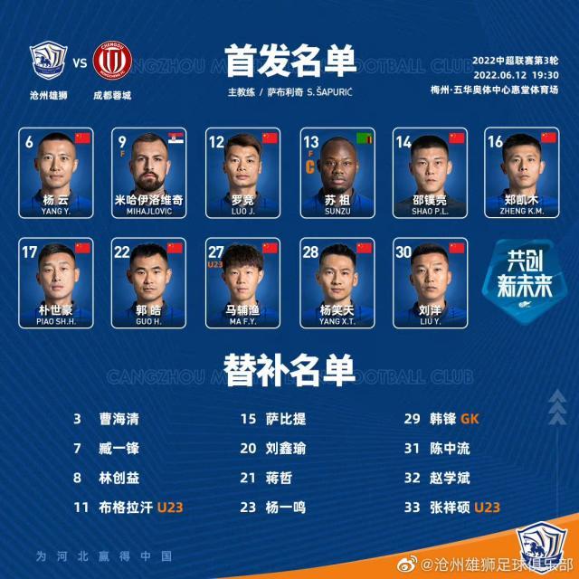 开云体育入口-沧州雄狮VS成都蓉城首发：成都三主力停赛