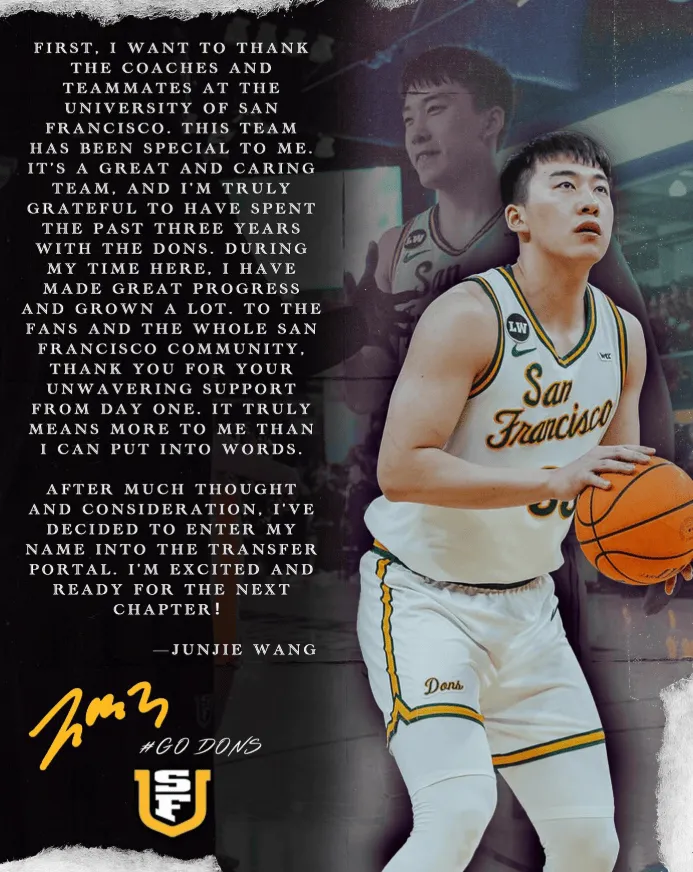 kaiyun-王俊杰致谢旧金山大学：感谢旧金山大学的教练和队友们